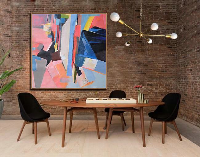 Oversized Palette Knife Painting Contemporary Art On Canvas,Lounge Room Decor,Pink,Blue,Dark Blue,Red,Yellow